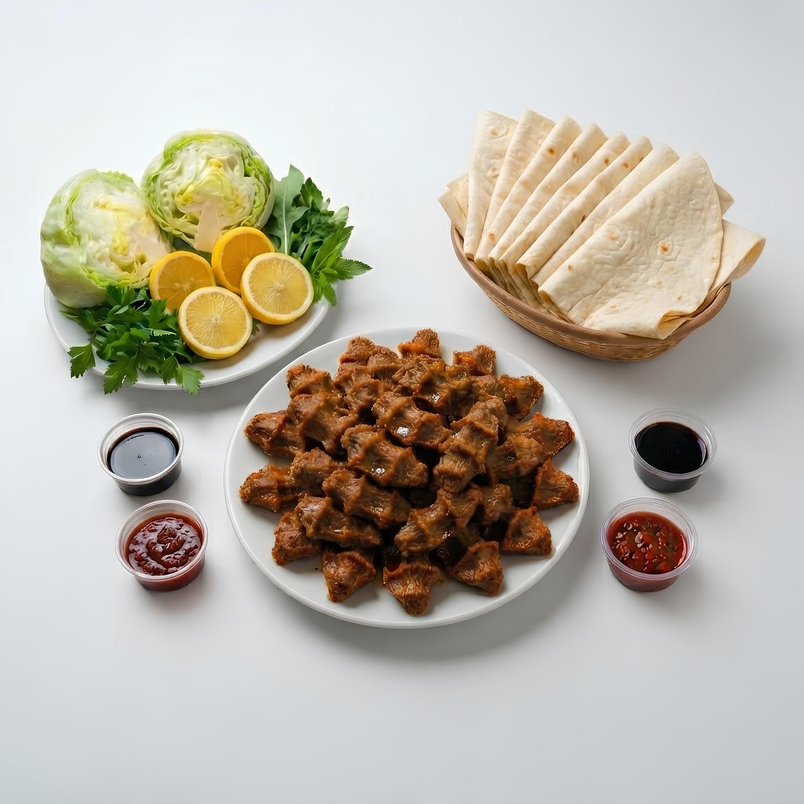 Lavaş, yeşillik, limon ve soslarla kiloluk çiğ köfte paketi